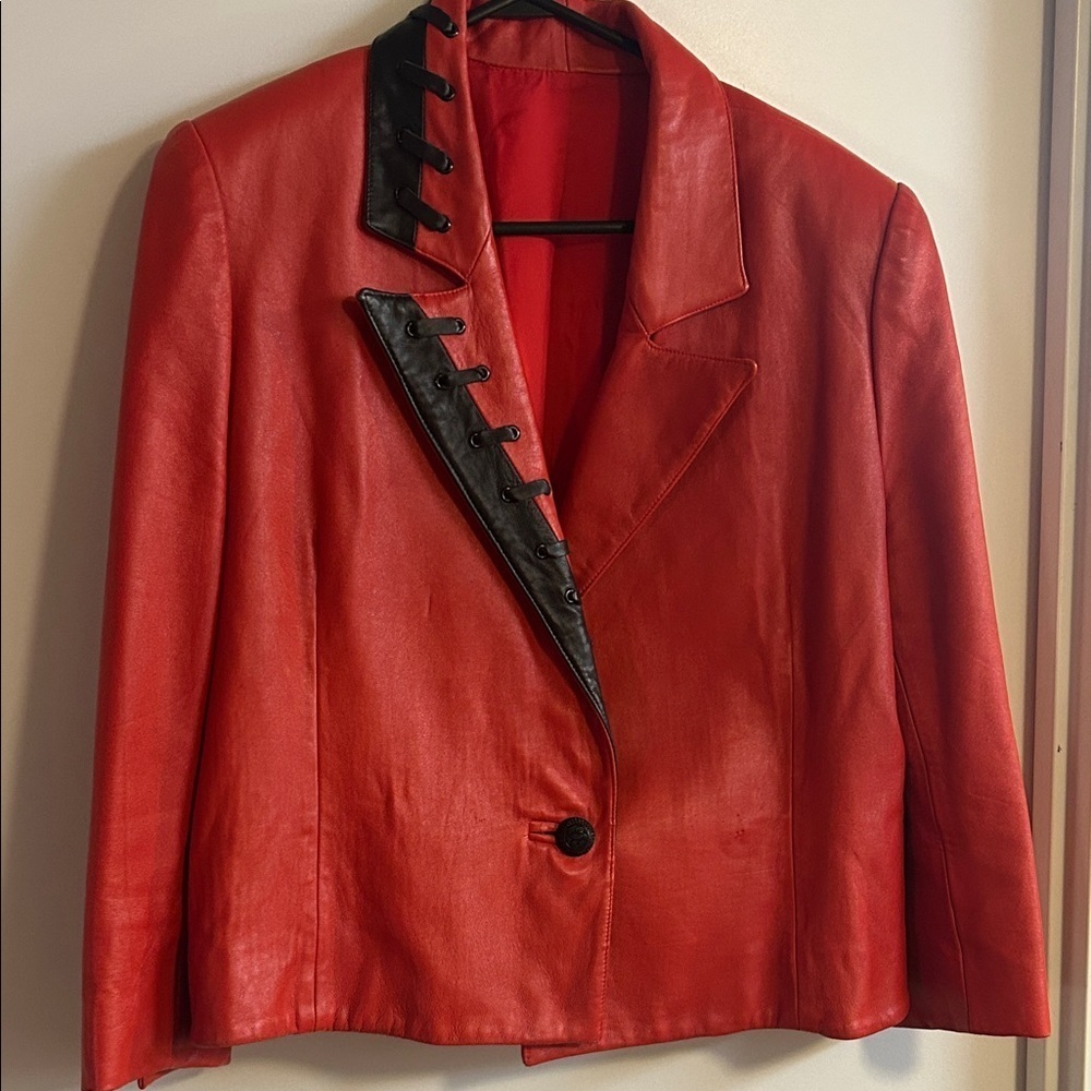 Vintage Red Leather Statement Jacket with Black Lace-Up Lapel & Shoulder Pads